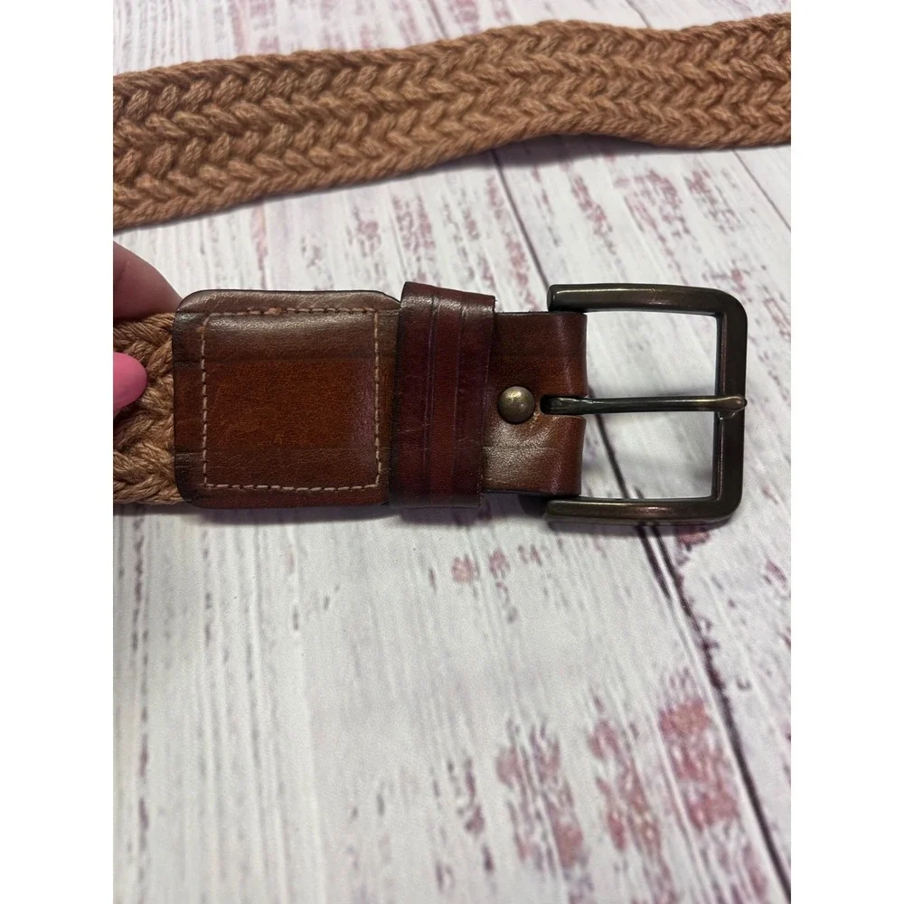 Mens Braided Jute Belt Brown Top Grain Cowhide Leather Trim Tan Woven Size 34